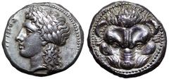 Bruttium, Rhegion AR Tetradrachm. Circa 356-351 BC. Laureate head of Apollo left, hair falling loosely behind neck; ΡΗΓΙΝΟΣ before / Lion’s head facing, eyes looking to left. Herzfelder 115 (D71/R97).