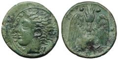 Sicily, Katane Æ Tetras. Circa 405-402 BC. AMENANOΣ, head of the river god Amenanos left; ivy leaf behind / K–A, winged thunderbolt; three pellets around. CNS III, 1; SNG ANS 1272. 1.89g, 14mm, 2h. Go
