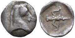 Thessaly, Methylion AR Tetartemorion. Circa 475-425 BC. Head of horse to right / Club and bow within shallow incuse. Unpublished in the standard references. 0.18g, 7mm, 4h. Apparently unique and unpub