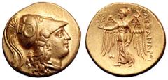 Kingdom of Macedon, Alexander III 'the Great' AV Stater. Sidon, circa 323-317 BC. In the name of Alexander III. Head of Athena right, wearing crested Corinthian helmet decorated with serpent / Nike st