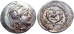 Ionia, Lebedos AR Tetradrachm. Circa 160-140 BC. Stephanophoric type. Apollodotos, magistrate. Head of Athena right, wearing triple-crested Attic helmet with laurel branch above visor / Owl standing r