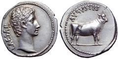 Augustus AR Denarius. Pergamum, 27 BC. CAESAR, bare head right / AVGVSTVS, heifer standing to right. RIC 475; RSC 28; BMCRR East 284-5 = BMCRE 662-3; BN 941-3. 19mm, 4.08g, 12h. Extremely Fine, lightl