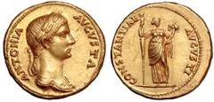 Antonia Minor AV Aureus. Rome, AD 41-45. Struck under Claudius. ANTONIA AVGVSTA, draped bust of Antonia to right, wearing wreath of grain ears / CONSTANTIAE AVGVSTI, Antonia standing facing, holding l