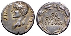 Civil War, Vindex AR Denarius. Uncertain mint in Gaul, AD 68. AVGVSTVS DIVI F, bare head of youthful Augustus (Octavian) to left / OB CIVES SERVAT in three lines within corona civica with circular jew