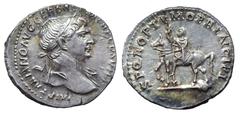 Trajan AR Denarius. Rome, AD 112-113. IMP TRAIANO AVG GER DAC P M TR P COS VI P P, laureate bust right, drapery on far shoulder / SPQR OPTIMO PRINCIPI, equestrian statue of Trajan (equus Traiani of Tr