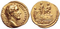 Antoninus Pius AV Aureus. Rome, AD 145. ANTONINVS AVG PIVS P P TR P COS IIII, laureate bust right, drapery on far shoulder / LIB IIII, Antoninus Pius, togate, seated to left on curule chair on dais, e