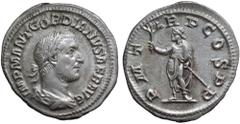Gordian I Africanus AR Denarius. Rome, March-April AD 238. IMP M ANT GORDIANVS AFR AVG, laureate, draped and cuirassed bust right, seen from behind / P M TR P COS P P, Gordian standing facing, head le