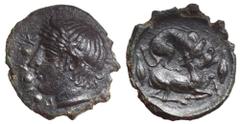 Sicily, Piakos Æ Tetras. Circa 425-420 BC. An unsigned work by the 'Maestro della foglia'. ΠIAK, laureate and horned head of a young river-god left; before, three pellets / Hound attacking hind to rig