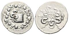 Lydia, Tralleis AR Cistophoric Tetradrachm. Struck circa 166-67 BC Cista mystica with serpent within ivy wreath / Two serpents entwined around bow and quiver; ΑΠΟΛ above, TRAΛ to left, hand holding wi