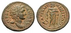 Lydia, Tralleis Æ19. Pseudo-autonomous issue, AD 161-268. IEPOC ΔHMOC, Head of Demos right, wearing taenia / TPAΛΛIANΩ ΘΗΡΙΤΩΝ, Asklepios standing facing. Cf. SNG Copenhagen 683 (for obverse). 4.13g, 