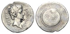 Augustus AR Denarius. Spanish mint - Colonia Caesaraugusta, circa 19-18 BC. CAESAR - AVGVSTVS, bare head of Augustus right / S• P• Q• R• - CL• V in two lines on round shield. RIC 42a (S). RSC 294. Cf.