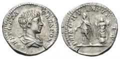 Geta AR Denarius. Rome, AD 200-202. P SEPT GETA CAES PONT, bare head, draped bust right / PRINC IVVENTVTIS, Geta, in military dress, standing left, holding branch and spear; behind, trophy. RIC 18; C.