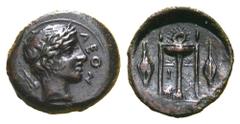 Sicily, Leontini Æ Tetras. Circa 405-402 BC. ?EON, laureate head of Apollo right; laurel leaf with berry behind / Tripod, lyre behind central leg, barley grain on either side; three pellets in exergue