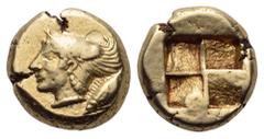 Mysia, Kyzikos EL Hekte. Circa 550-500 BC. Head of Perseus left, wearing winged cap; tunny fish behind / Quadripartite incuse square. Von Fritze 65; SNG France -; SNG von Aulock 1186; Boston MFA -; Ro