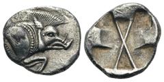 Dynasts of Lycia. Uncertain Dynast AR Third Stater. Circa 520-470/60 BC. 'Predynastic' period. Forepart of boar right / Incuse square divided by large X, indentations on three sides. Falghera 20 var. 