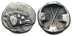 Dynasts of Lycia. Uncertain Dynast AR Third Stater. Circa 520-470/60 BC. 'Predynastic' period. Forepart of boar right / Incuse square divided by large X, indentations on three sides. Falghera 20 var. 