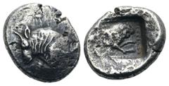 Dynasts of Lycia. Uncertain Dynast AR Third Stater. Circa 520-470/60 BC. 'Predynastic' period. Forepart of bull left / Forepart of Lion right. BMC-; SNG von Aulock -. 2.81g, 15mm, 11h. Near Extremely 
