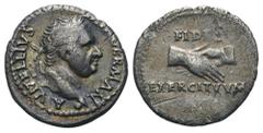 Vitellius AR Denarius. Lugdunum, AD 69. A VITELLIVS IMP GERMAN, laureate head of Vitellius right, with globe at point of neck truncation / FIDES EXERCITVVM, clasped hands. RIC 53. BMCRE 114. RSC 33a. 