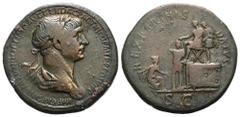 Trajan Æ Sestertius. Rome, AD 116-117. IMP CAES NER TRAIANO OPTIMO AVG GER DAC PARTHICO P M TR P COS VI P P, laureate and draped bust right / REX PARTHIS DATVS, Trajan seated left on platform, present