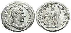 Macrinus AR Denarius. Rome, AD 217. IMP C M OPEL SEV MACRINVS AVG, laureate and cuirassed bust right / IOVI CONSERVATORI, Jupiter standing left, holding thunderbolt and sceptre; diminutive figure of M