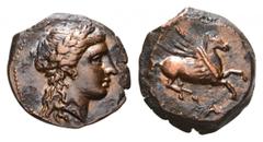 Sicily, Syracuse Æ Tetras. Third Democracy, 336-317 BC. Laureate head of Apollo right / Pegasos flying right, A (For Agathokles) below. Calciati Lv 1/1; SNG Munich 1185. 3.14g, 15mm, 2h. Beautiful sty