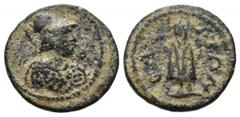 Lydia, Silandos, Pseudo-autonomous Æ15. 2nd-3rd centuries AD. Helmeted bust of Athena right, wearing aegis / Telesphorus standing facing. SNG von Aulock 3172. 2.48g, 15mm, 6h. Earthy dark patina, Very