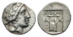Lycia, Antiphellos as member of the Lycian League AR Drachm. Circa 167-100 BC. Laureate head of Apollo right; bow and quiver over shoulder / Kithara; star to lower right; all within incuse square. Tro