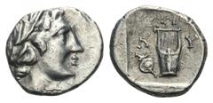Lycia, Kyaneai as a member of the Lycian League AR Drachm. 167-81 BC. Laureate head of Apollo right, bow and quiver over shoulder / City initials K-Y on either side of a kithara, ΛVKIΩΝ above, sword i