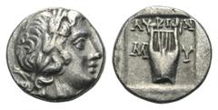 Lycia, Myra as member of the Lycian League AR Drachm. Circa 167-100 BC. Laureate head of Apollo right; [bow and quiver] over shoulder / Kithara within incuse square. Troxell, Lycian 28.2 (same obv. di