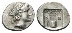 Lycia, Rhodiapolis as a member of the Lycian League AR Drachm. Circa 167-81 BC. Laureate head of Apollo right, bow and quiver over shoulder / City initials P-O on either side of a kithara, ΛVKIΩΝ abov