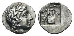 Lycia, Myra as a member of the Lycian League AR Drachm. 167-81 BC. Laureate head of Apollo right, bow and quiver over shoulder / City initials M-Y on either side of a kithara, ΛVKIΩΝ above, winged cad