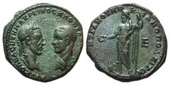 Macrinus and Diadumenian Æ2 of Marcianopolis, Moesia Inferior. AD 217-218. Laureate head of Macrinus right, facing bare head of Diadumenian left / Zeus standing left, holding patera and sceptre; eagle