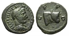 Philip I Æ18 of Deultum, Thrace. AD 244-249. IMP M IVL PHILIPPVS AVG, laureate, draped and cuirassed bust right / C F P D around forepart of bull right. Varbanov 3047; BMC -; SNG Copenhagen -; SNG Loc