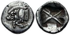 Dynasts of Lycia. Uncertain Dynast AR Third Stater. Circa 520-470/60 BC. 'Pre-dynastic' period. Forepart of boar left / Incuse square divided by large X, indentations on three sides. Falghera 20; SNG 