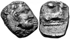 Cyprus, Salamis. Euagoras I AR Stater. Circa 411-374 BC. Head of bearded Herakles wearing lion skin headdress to right, Cypriot script before / Goat with long horns and beard lying to right on dotted 