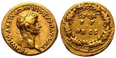 Claudius AV Aureus. Rome, AD 46-47. TI CLAVD CAESAR AVG P M TR P VI IMP XI, laureate head right / SPQR - P P - OB C S in three lines within oak-wreath. RIC 40; BMC 42; Calicó 379. 7.73g, 18mm, 1h. Goo
