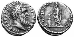 Pertinax AR Denarius. Rome, AD 193. IMP CAES P HELV PERTIN AVG, laureate head right / VOT DECEN TR P COS II, Pertinax, veiled, standing left, sacrificing out of patera in right hand over tripod. RIC 1