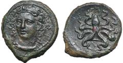 Sicily, Syracuse Æ Tetras. Time of Dionysios I, circa 405-400 BC. Facing head of the nymph Arethusa, wearing necklace, turned slightly to left / Octopus. CNS 29; SNG Copenhagen 679; SNG ANS 385. 2.22g