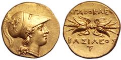 Sicily, Syracuse AV Stater. Agathokles, circa 306-289 BC. Head of Athena right, wearing crested Corinthian helmet decorated with griffin, single-pendant earring and necklace / AΓAΘOKΛEOΣ BAΣIΛEOΣ, win