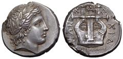 Macedon, Chalkidian League AR Tetradrachm. Olynthos, circa 420-355 BC. Laureate head right of Apollo / Kithara with six strings, ΧΑΛΚΙΔΕΩΝ around, magistrate's name EΠI APIΣTΩNOΣ below. SNG ANS 496, D