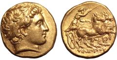 Kingdom of Macedon, Philip III Arrhidaios AV Stater. In the types of Philip II. Abydos, circa 323-317 BC. Struck under Leonnatos, Arrhidaios, or Antigonos I Monophthalmos. Head of Apollo right, wearin