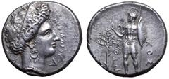 Crete, Aptera AR Stater. Signed by Pythodoros. Circa 4th century BC. Α[ΠΤAΡΑΙΩΝ] around head of Artemis Aptera to right, with hair elaborately curled upwards around a stephane ornamented with palmette