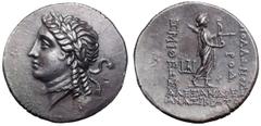 Troas, Alexandreia Troas AR Tetradrachm. Year 174 = 128/7 BC. Anaxikratos, magistrate. Laureate head of Apollo left, with flying wreath ties and two spiral locks falling over back of neck / Apollo Smi