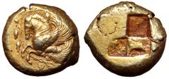 Mysia, Lampsakos EL Stater. Circa 480-450 BC. Forepart of Pegasos with curved wings to left, vine with bunches of grapes around / Quadripartite incuse square. A. Baldwin, Period I, pl. I, 11; BMC 9; T