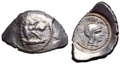 Lycia, uncertain dynast and mint AR Stater. Circa 400-370 BC. Head and forepaw of roaring lion right / Head of Athena right, wearing plain Attic crested helmet with raised cheek guard, diskeles above.