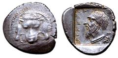Dynasts of Lycia, Mithrapata AR Stater. Circa 385-375 BC. Lion's scalp facing / Head of Mithrapata left; MITHR-A-P-ATA in Lycian around, triskeles to lower right; all within incuse square. Leonis pl. 