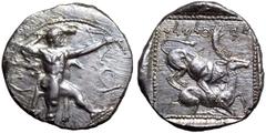 Cyprus, Kition AR Stater. Baalmelek II, circa 425-400 BC. Herakles in fighting stance to right, wearing lion skin upon his back and tied around neck, holding club overhead in right hand and bow extend