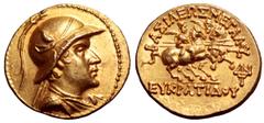 Baktria, Greco-Baktrian Kingdom, Eukratides I AV Stater. Circa 170-145 BC. Diademed and draped bust right, wearing crested helmet adorned with bull's horn and ear; all within pelleted border / BAΣIΛEΩ