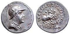Baktria, Greco-Baktrian Kingdom, Eukratides I 'the Great' AR Tetradrachm. Circa 170-145 BC. Helmeted and diademed bust of Eukratides right / ΒAΣΙΛEΩΣ MEΓAΛOY EYKPATIΔOY, the Dioskouroi with palms and 