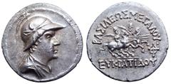 Baktria, Greco-Baktrian Kingdom, Eukratides I 'the Great' AR Tetradrachm. Circa 170-145 BC. Helmeted and diademed bust of Eukratides right / ΒAΣΙΛEΩΣ MEΓAΛOY EYKPATIΔOY, the Dioskouroi with palms and 
